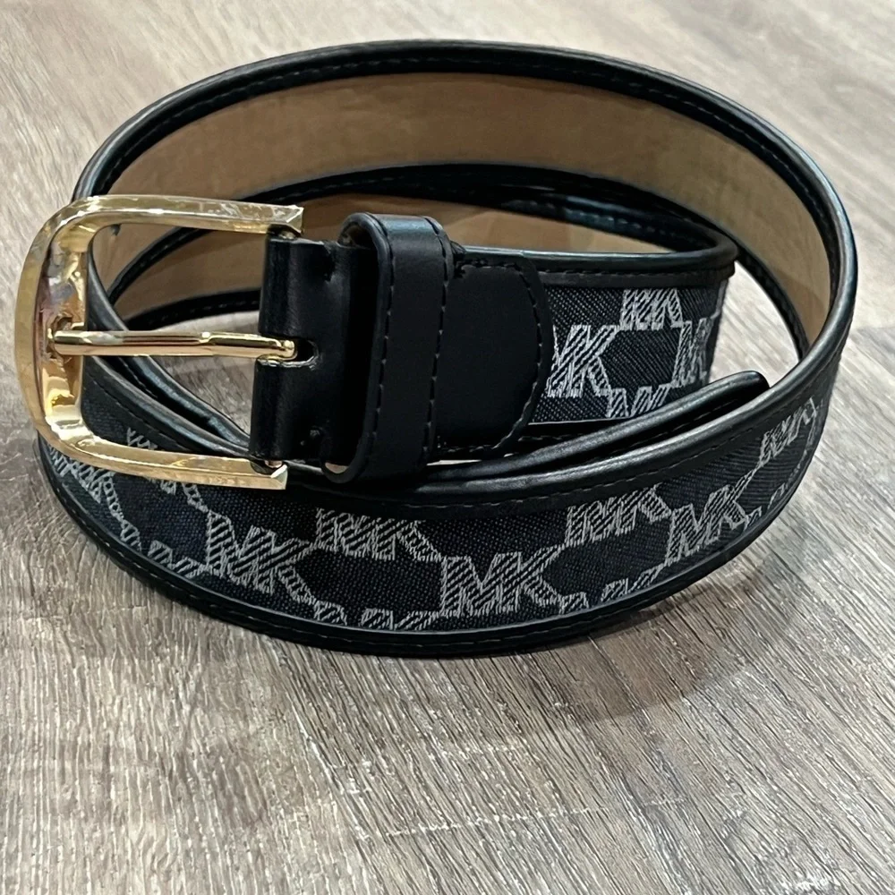 Michael Kors Large (36) Black Canvas Leather MK Brass Logo Buckle Designer Belt